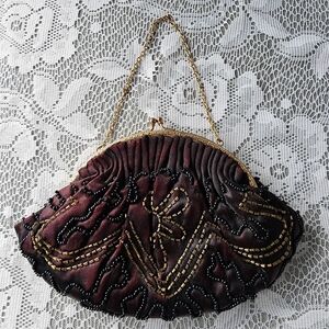Antique 1920s Black Velvet Beaded Flapper Purse Gold & Black Glass Beads